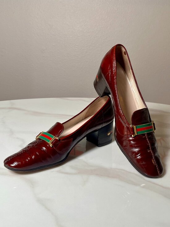 Gucci Shoes - Gucci Oxblood Patent Leather Web Stripe Vintage Block Heel Loafers 39 AA